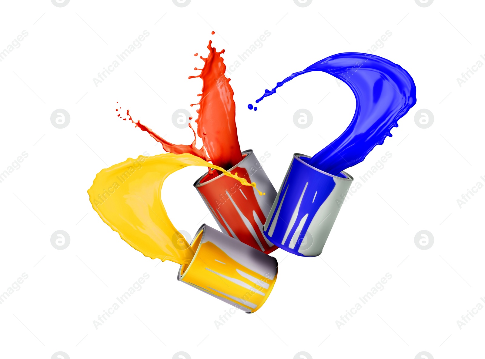 Image of Paint of different colors splashing from cans on white background