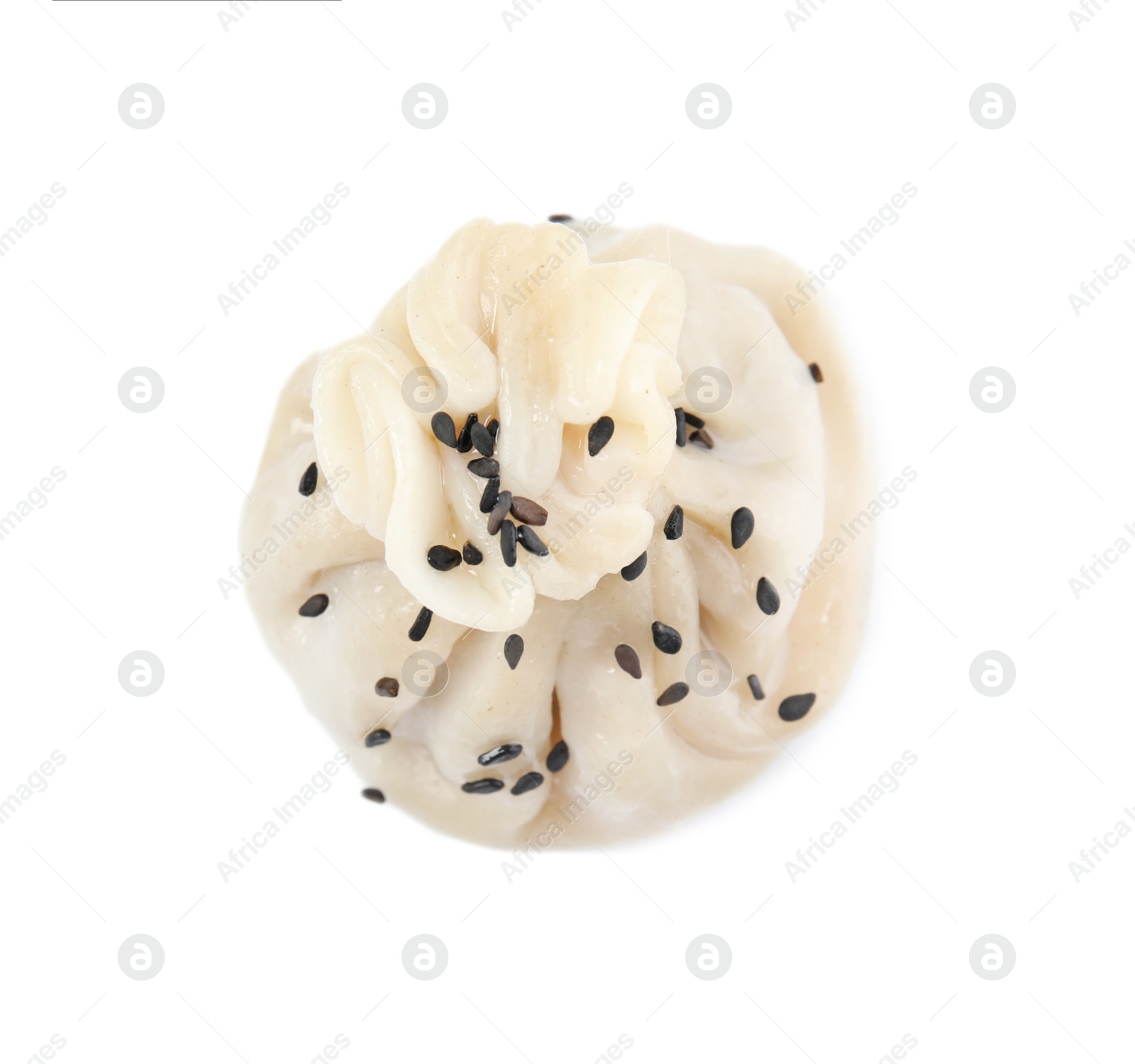 Photo of Tasty baozi dumpling with sesame seeds on white background, top view