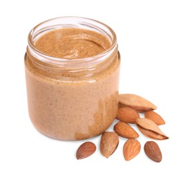 Photo of Tasty nut paste in jar and almonds isolated on white