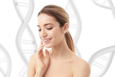 Image of Beautiful young woman against light background with illustration of DNA chains