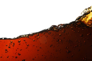 Photo of Closeup view of tasty refreshing cola on white background