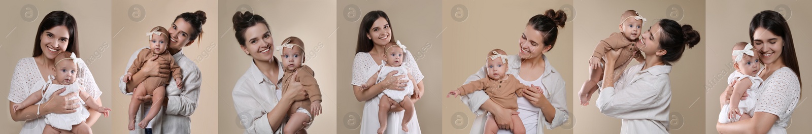 Image of Collage with photos beautiful mother and her cute baby on beige background. Banner design