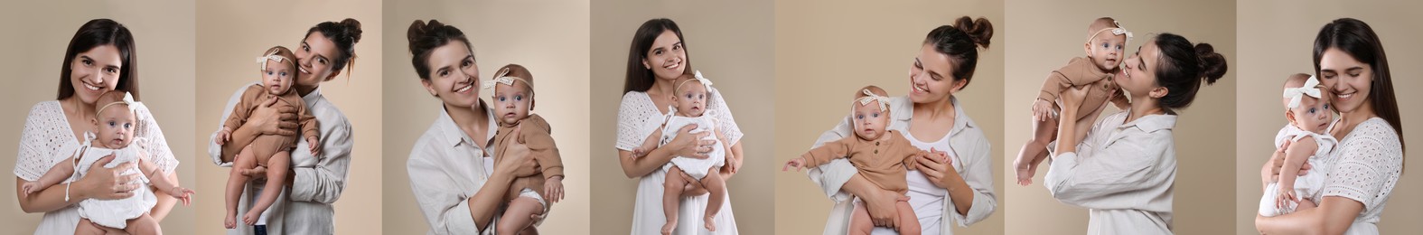 Collage with photos beautiful mother and her cute baby on beige background. Banner design