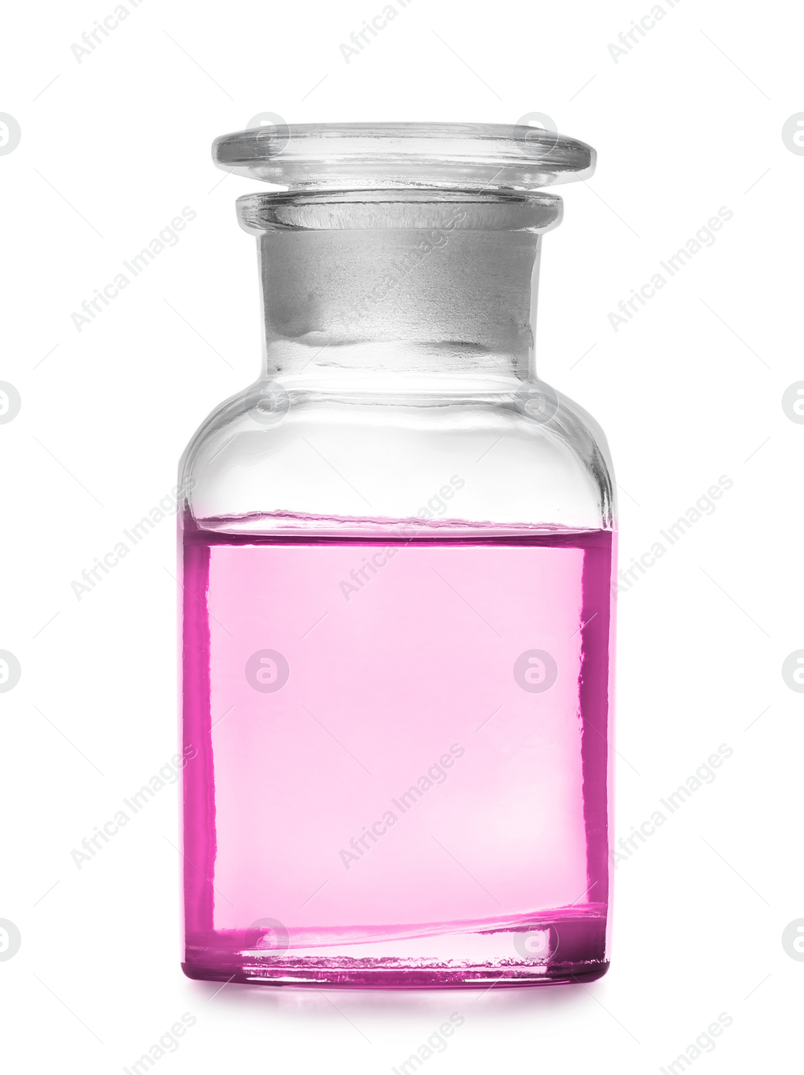 Image of Reagent bottle with pink liquid isolated on white. Laboratory glassware