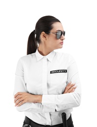 Photo of Female security guard in uniform on white background