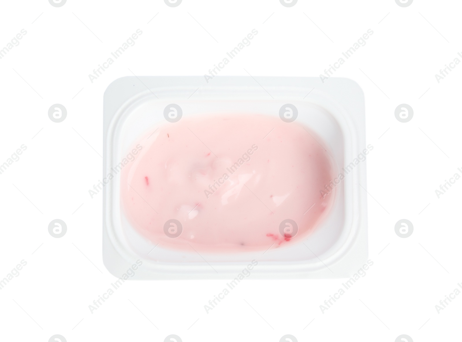 Photo of Tasty organic yogurt in plastic cup isolated on white, top view