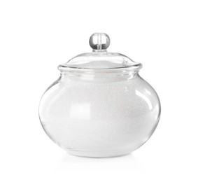 Photo of Granulated sugar in jar on white background