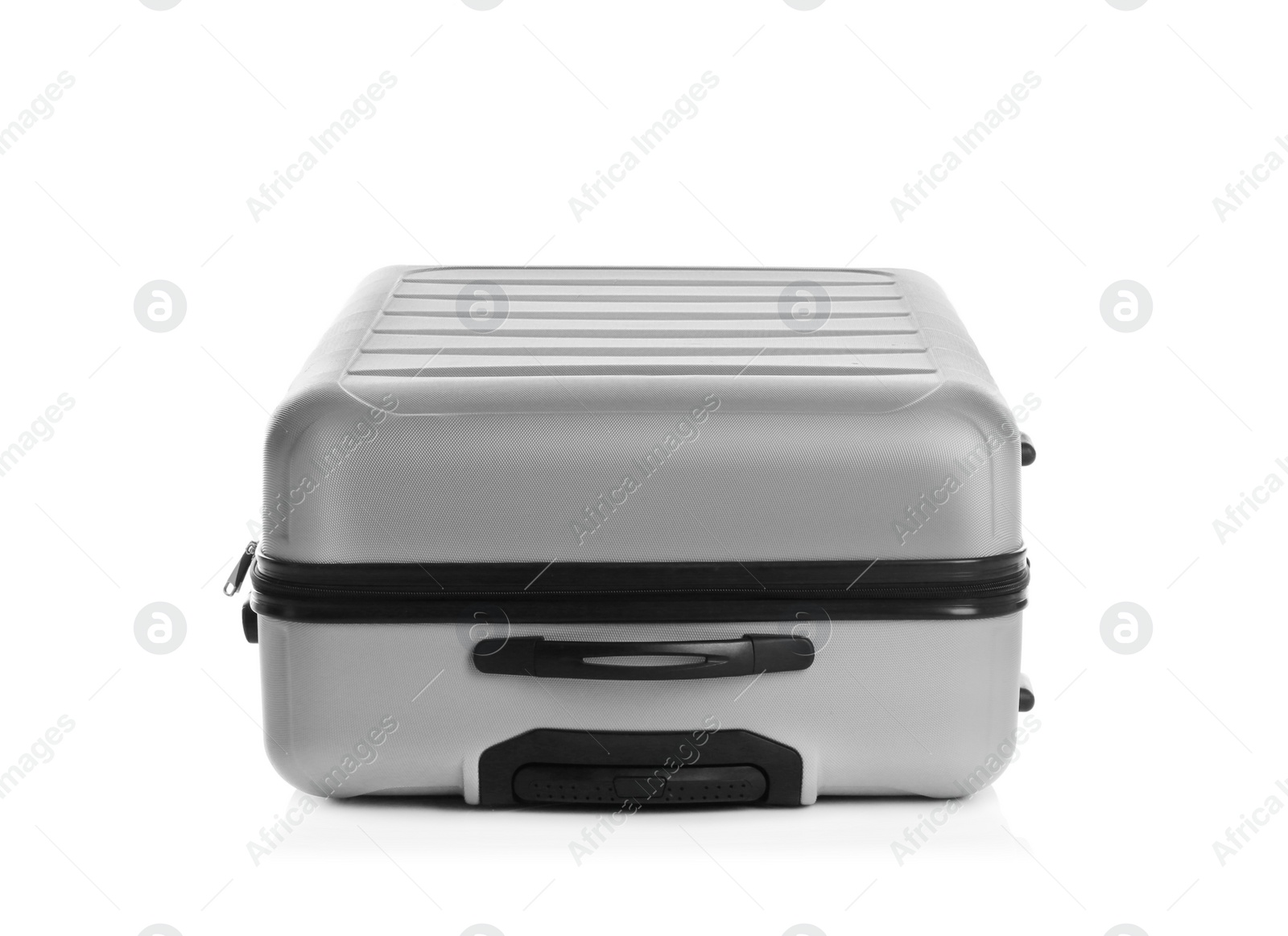 Photo of Grey suitcase for travelling on white background