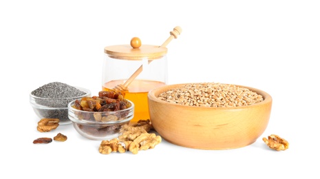 Photo of Ingredients for traditional kutia on white background