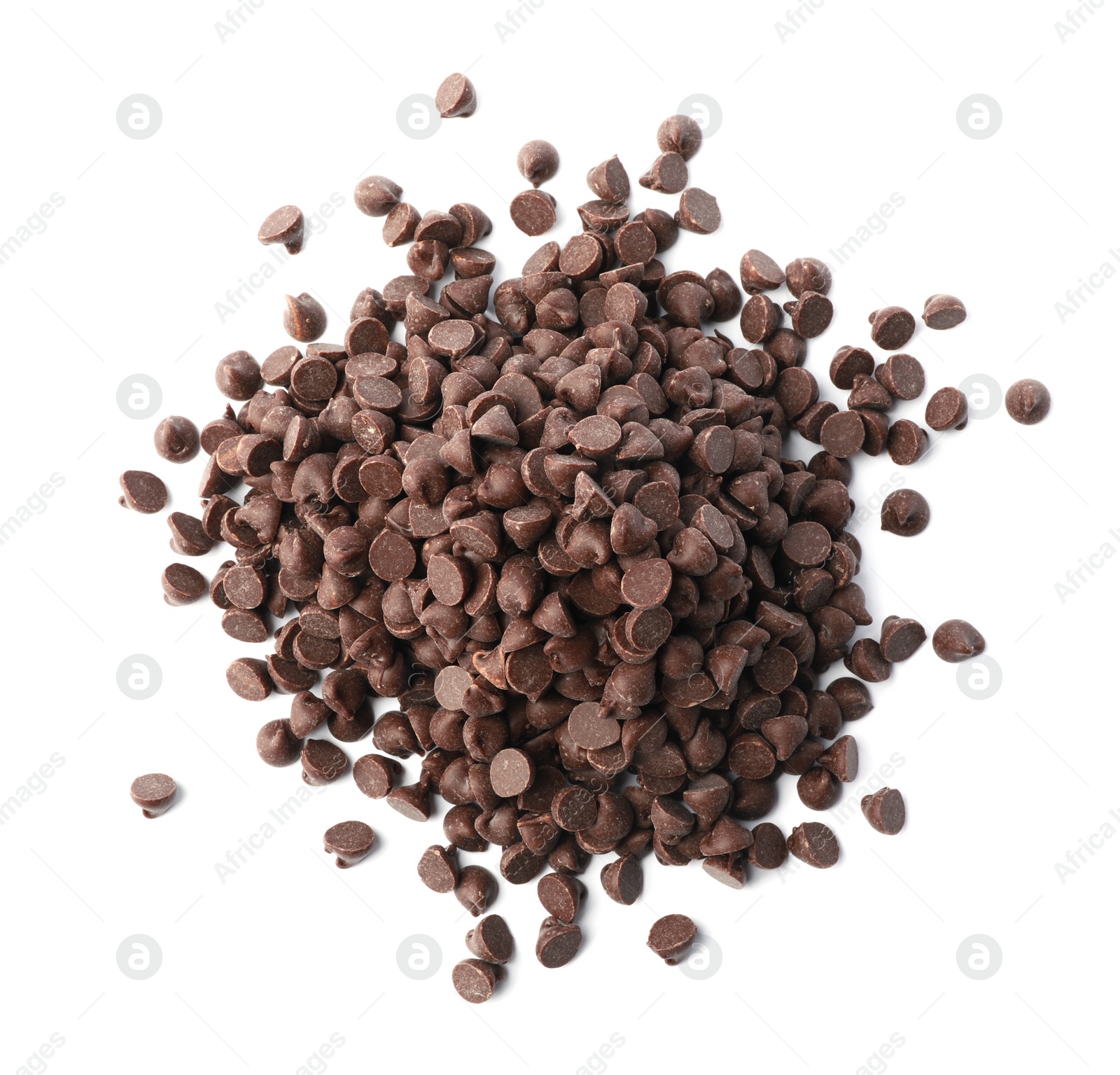 Photo of Pile of delicious chocolate chips isolated on white, top view