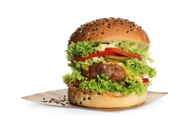 Photo of Burger with delicious patty isolated on white