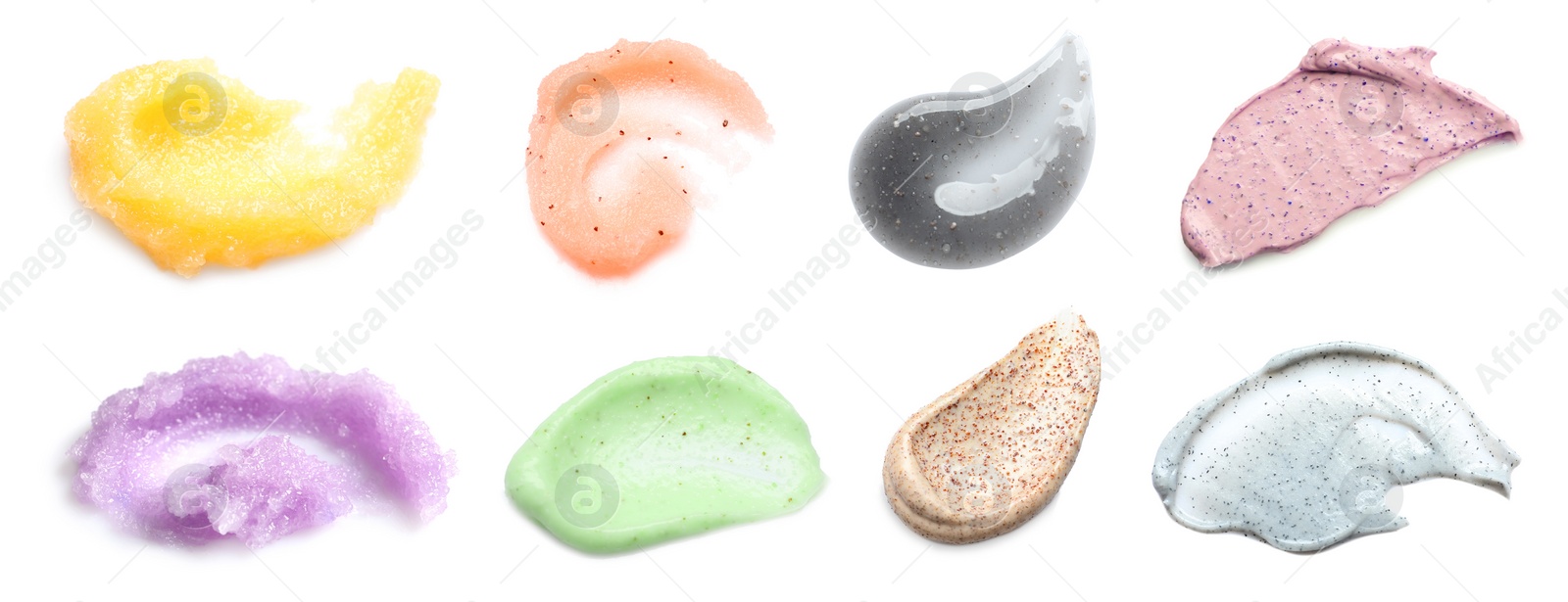 Image of Set with different samples of natural scrubs on white background, top view. Banner design 