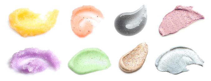 Image of Set with different samples of natural scrubs on white background, top view. Banner design 