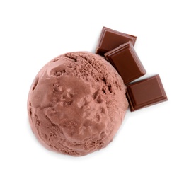 Photo of Scoop of delicious ice cream and chocolate on white background, top view