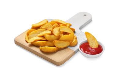 Photo of Delicious baked potato wedges and ketchup in bowl on white background