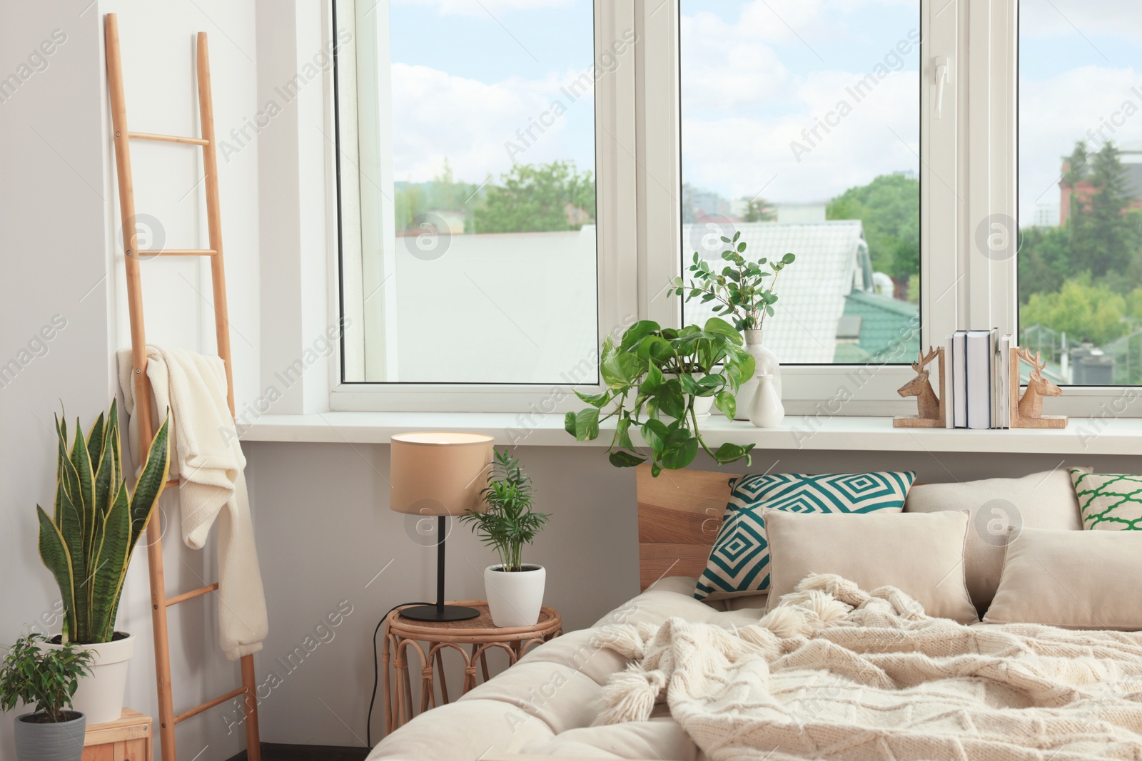 Photo of Stylish bedroom interior with beautiful house plants. Home design idea