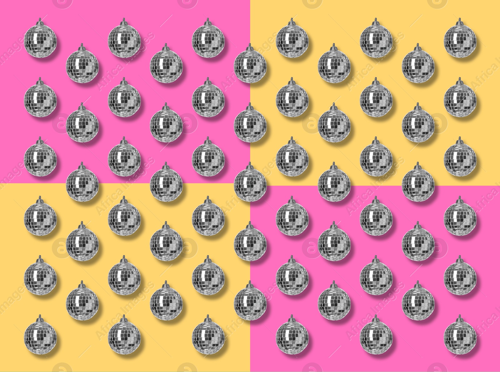 Image of Many shiny disco balls on color background, flat lay