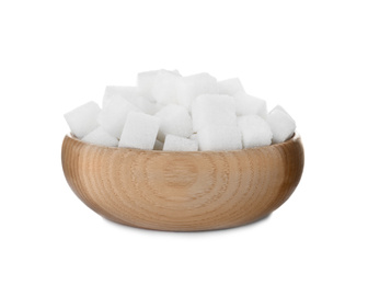 Photo of Refined sugar cubes in wooden bowl isolated on white