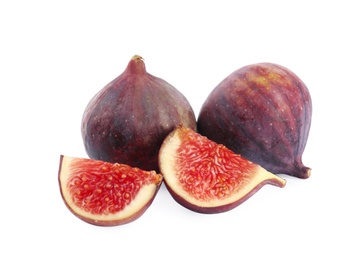 Photo of Tasty fresh fig fruits on white background