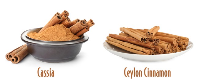 Image of Collage with photos of cassia and ceylon cinnamon sticks on white background. Banner design