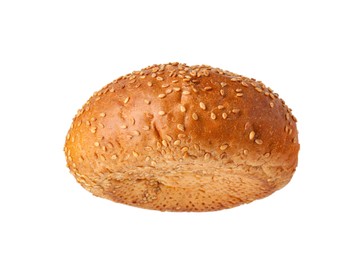 Photo of One fresh burger bun with sesame seeds isolated on white