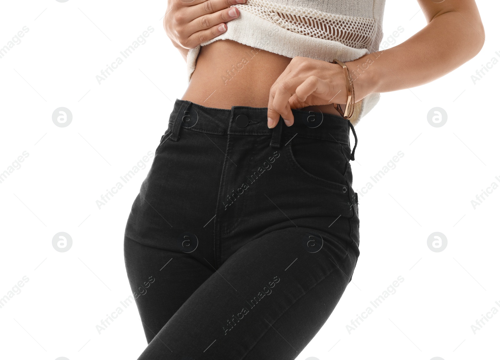 Photo of Woman wearing jeans on white background, closeup