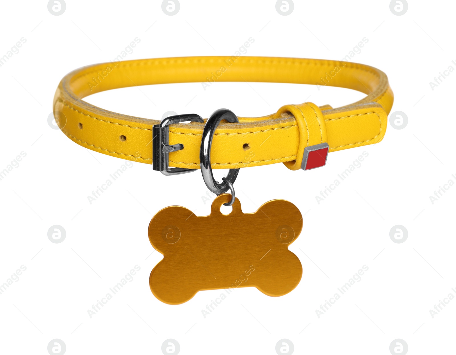 Photo of Yellow leather dog collar with bone shaped tag isolated on white