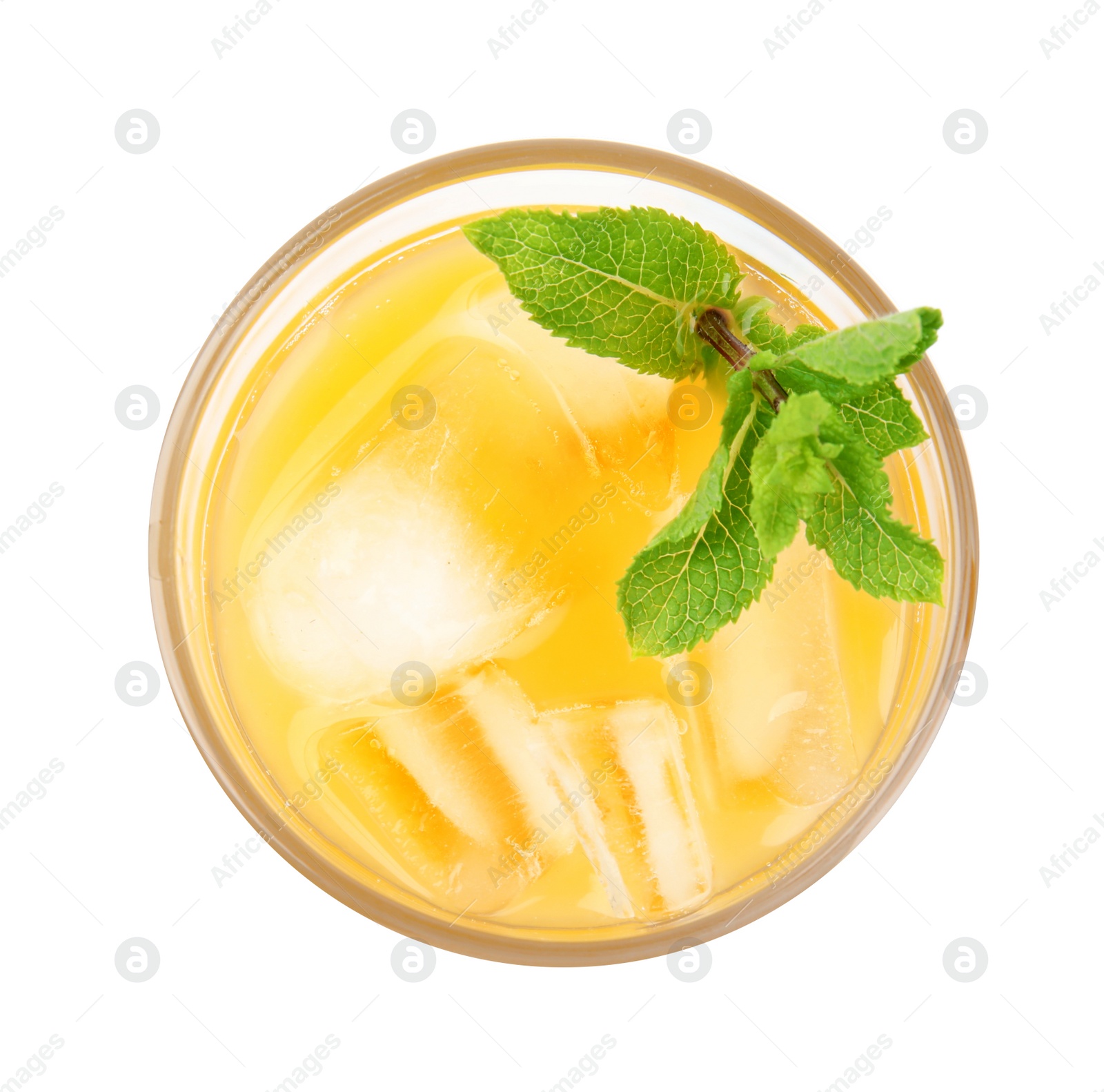 Photo of Delicious refreshing peach cocktail in glass on white background, top view