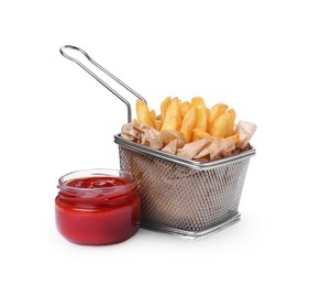 Tasty French fries with ketchup isolated on white