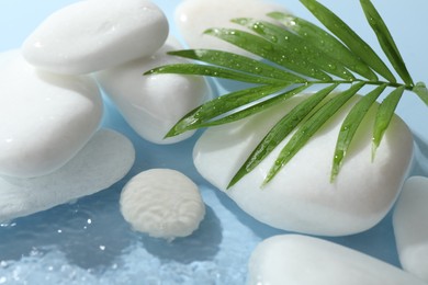 Photo of Spa stones and palm leaf in water on light blue background, closeup