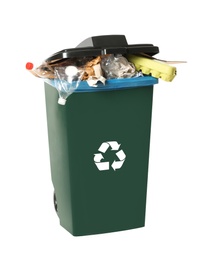 Photo of Trash bin with garbage on white background. Waste recycling