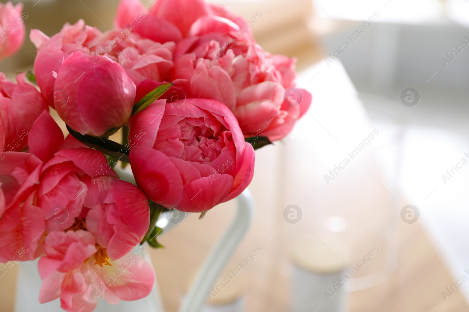 Photo of Beautiful peony bouquet on blurred background, closeup