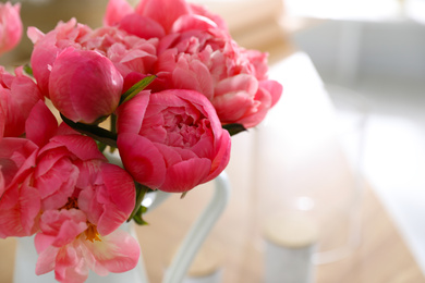 Beautiful peony bouquet on blurred background, closeup