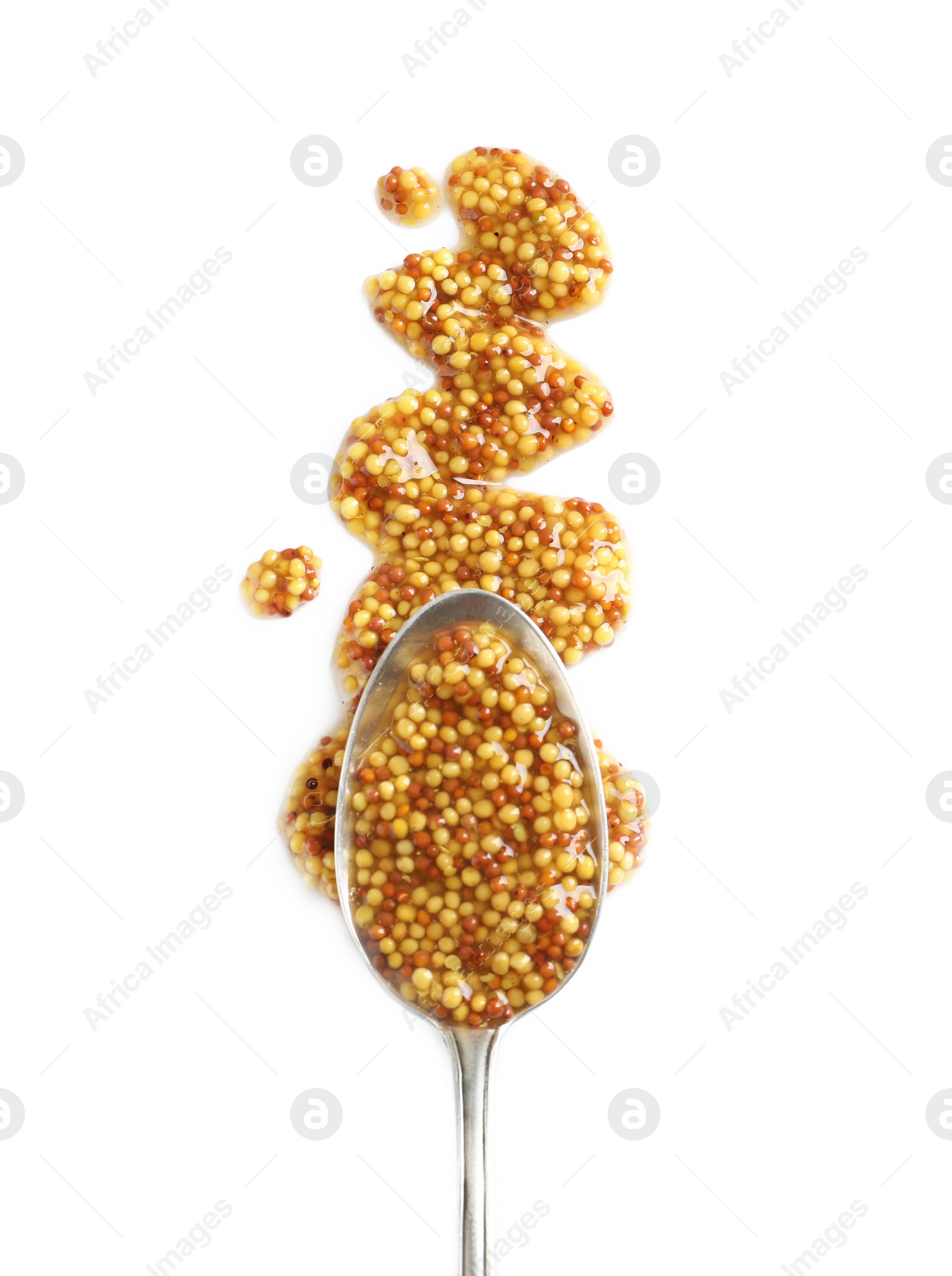 Photo of Delicious mustard beans and spoon on white background, top view. Spicy sauce