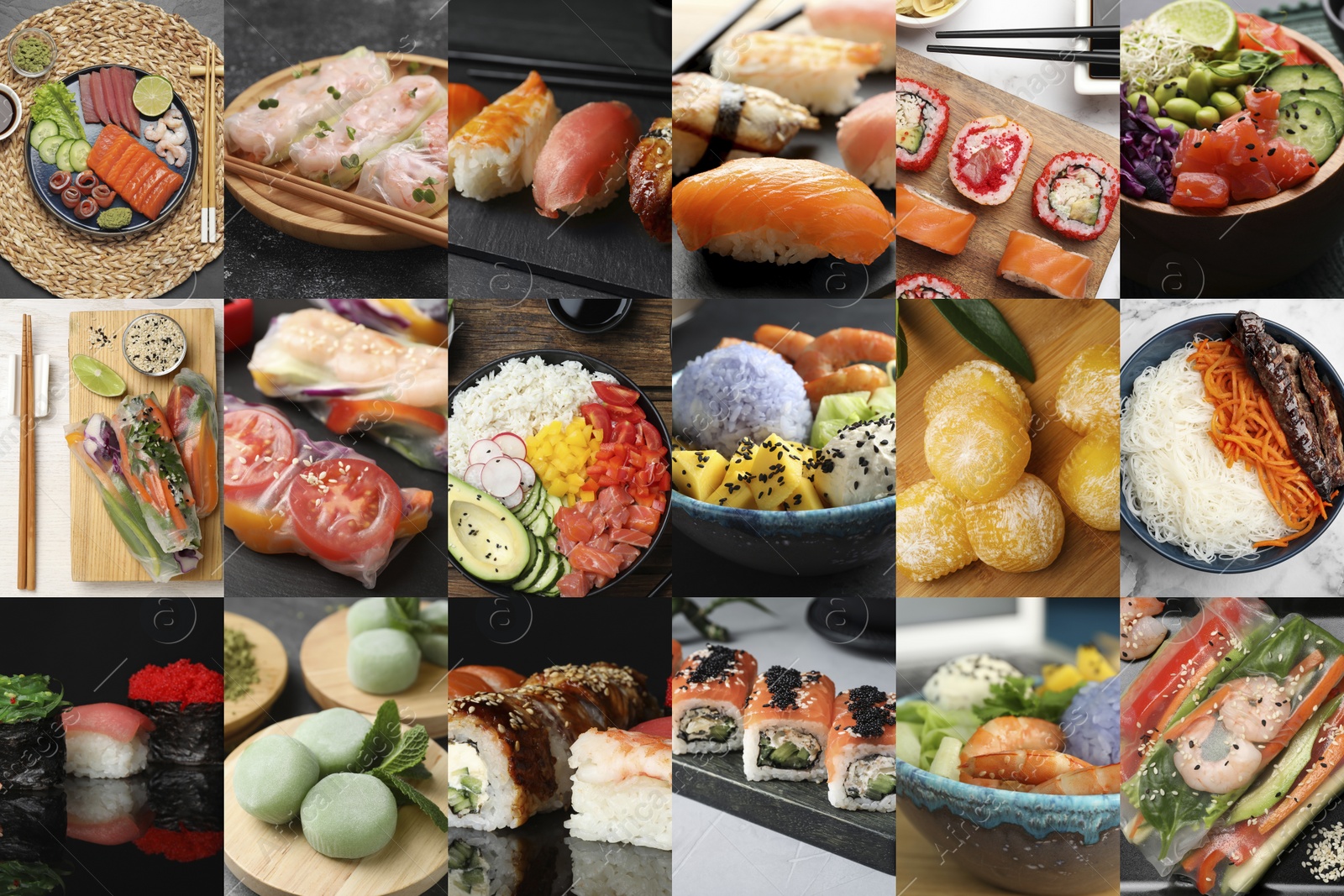 Image of Different tasty Asian dishes. Collage with sushi, sashimi, rolls and others