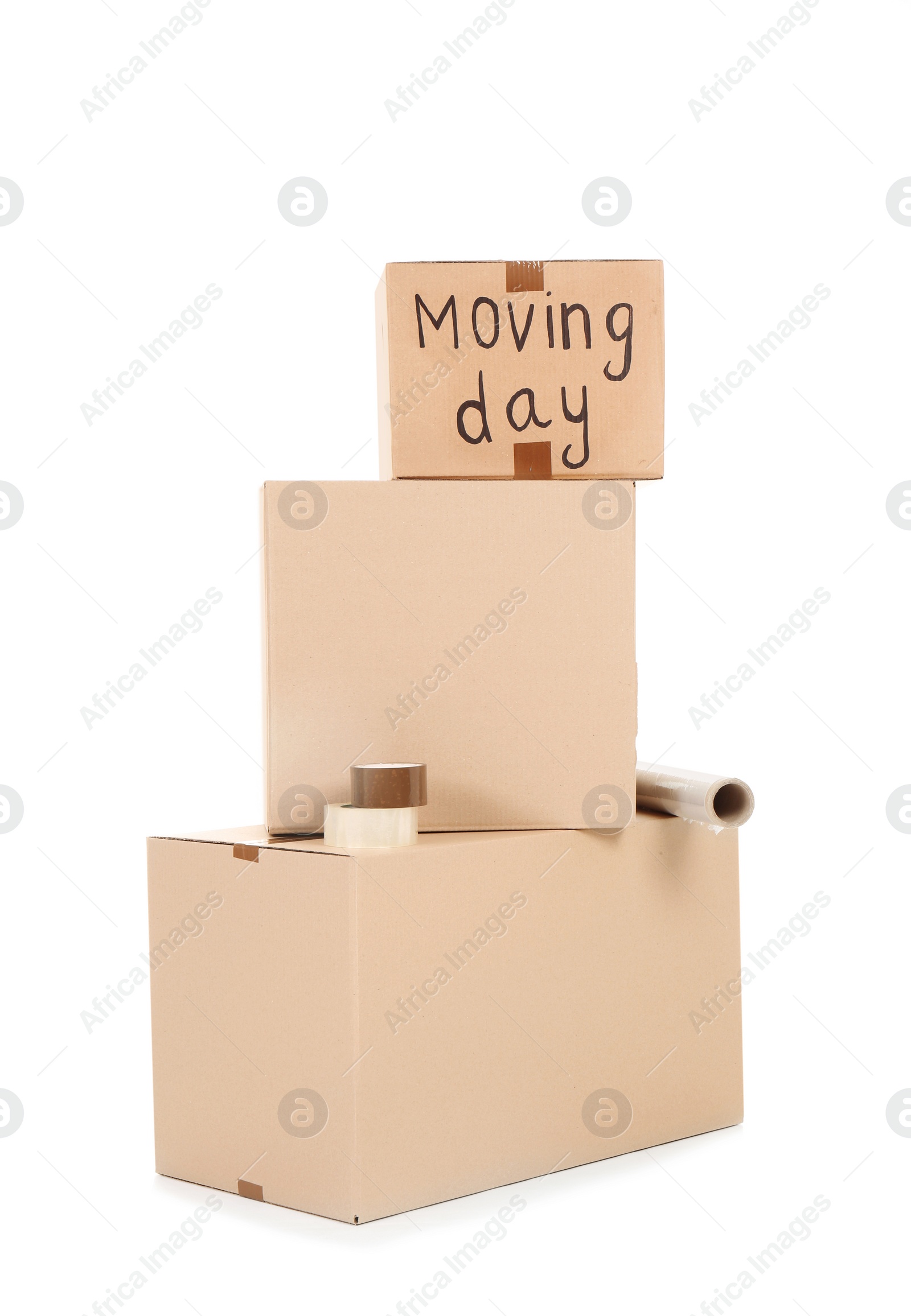 Photo of Cardboard boxes on white background. Moving day