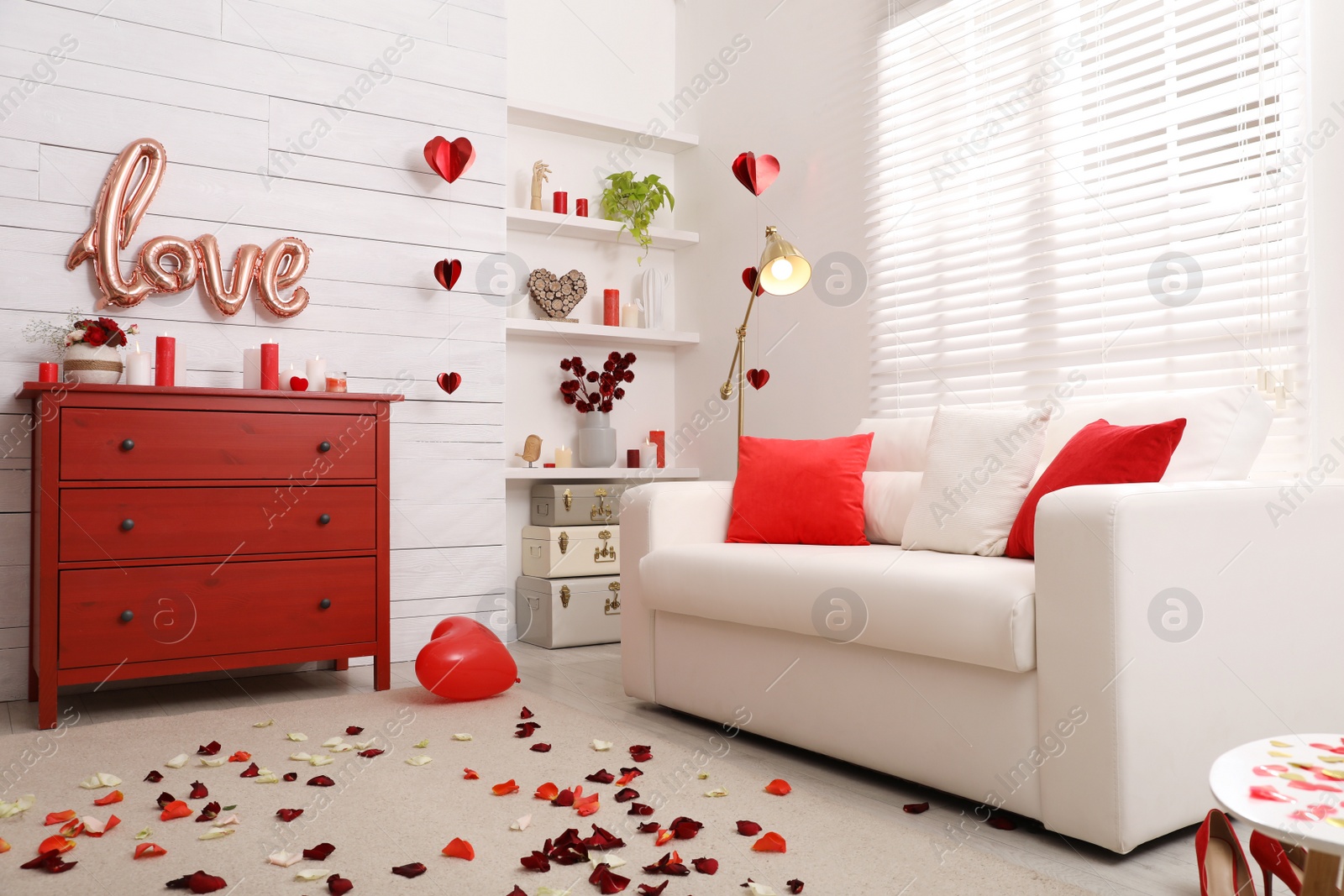 Photo of Cozy living room decorated for Valentine's Day