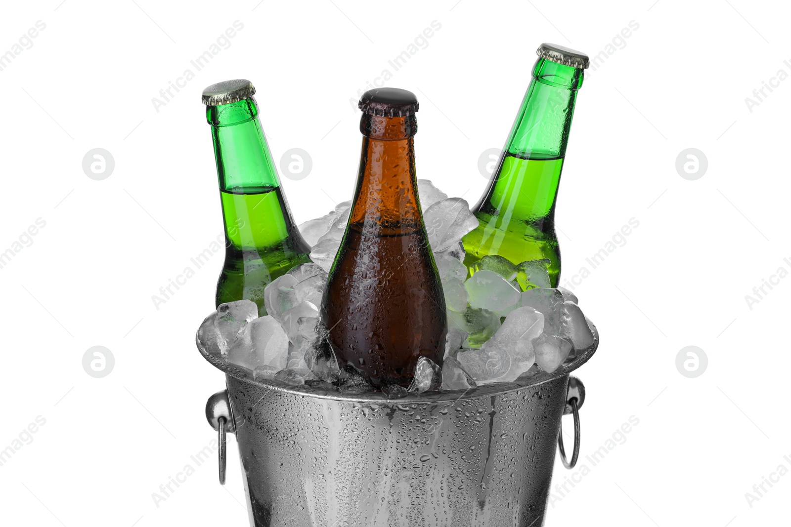 Photo of Metal bucket with bottles of beer and ice cubes isolated on white