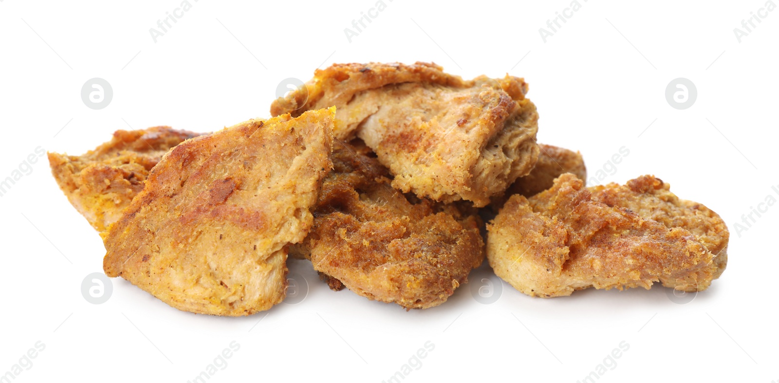 Photo of Delicious cooked soy meat on white background