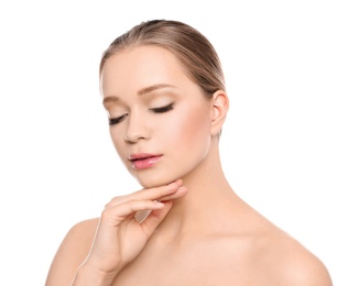 Portrait of young woman with beautiful face on white background