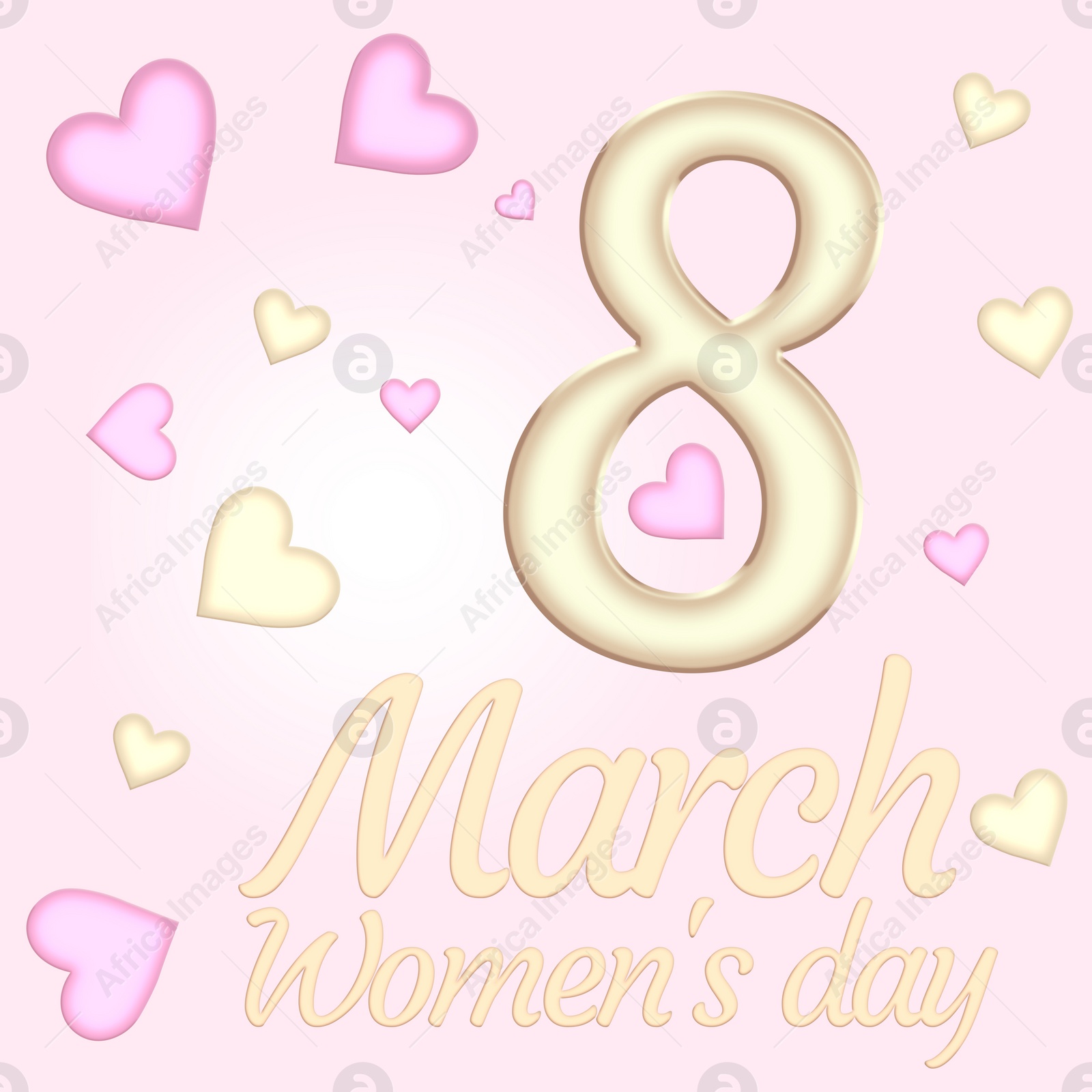 Image of March 8 - International Women's Day. Greeting card design with number 8 and hearts on beige background