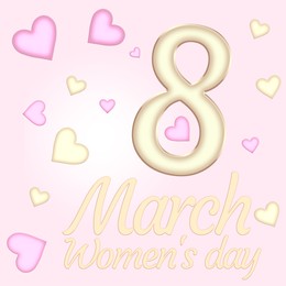 Image of March 8 - International Women's Day. Greeting card design with number 8 and hearts on beige background