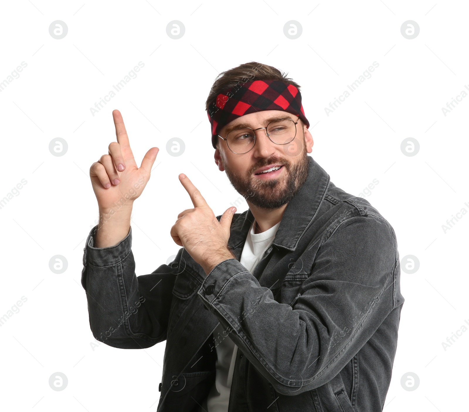 Photo of Fashionable young man in stylish outfit with bandana on white background