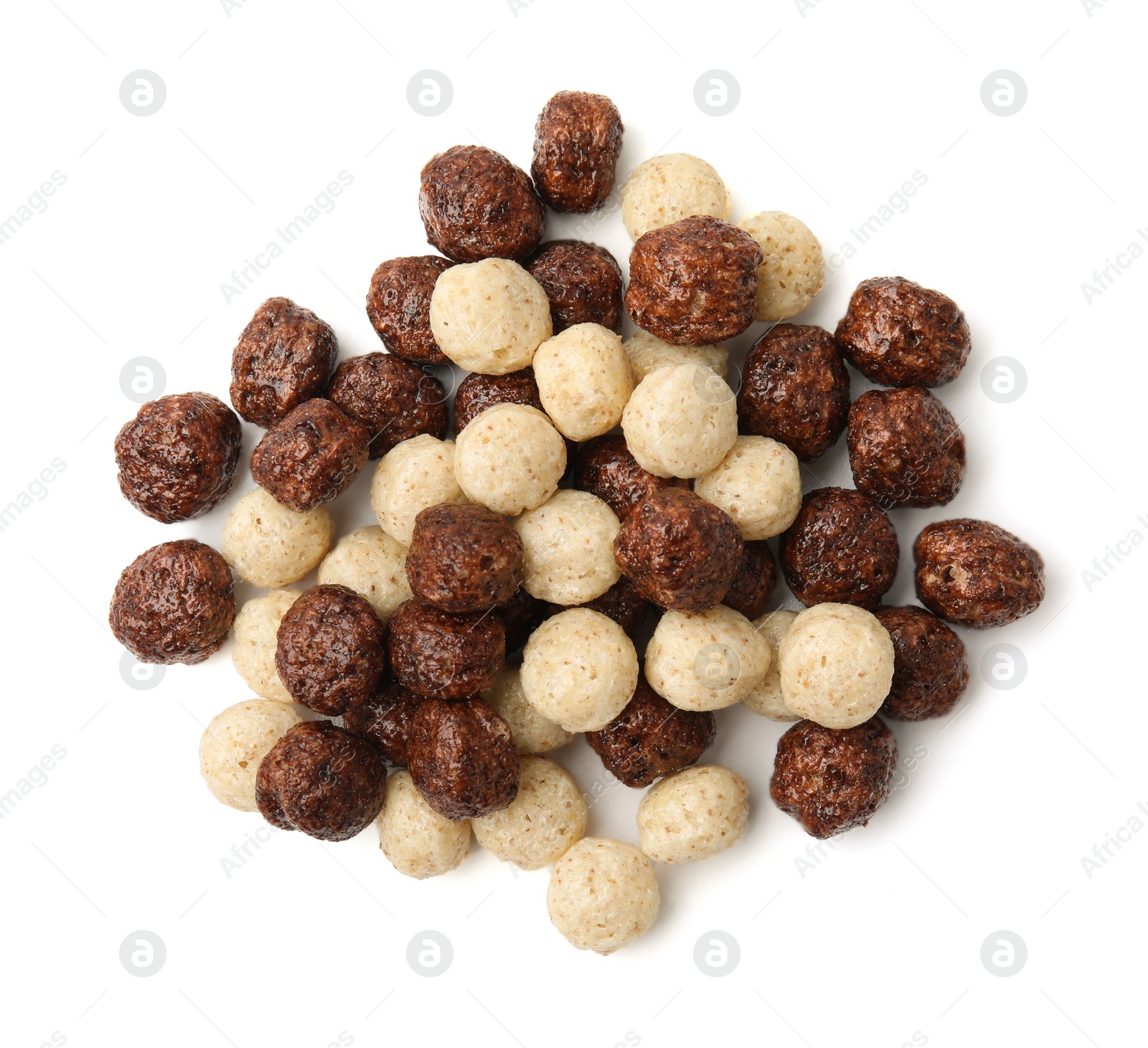 Photo of Tasty cereal balls isolated on white, top view