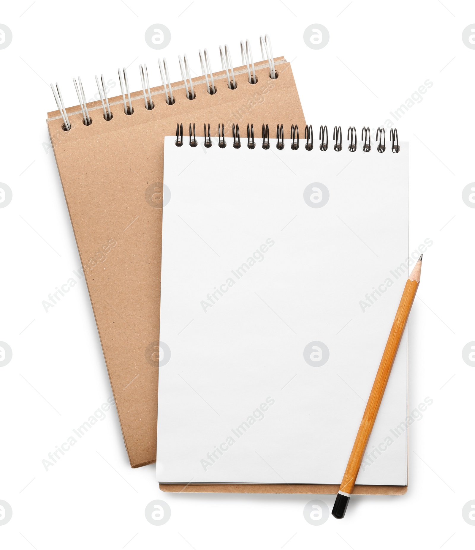 Photo of Stylish notebooks and pencil isolated on white, top view