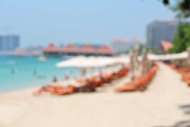 Blurred view of tropical resort on sunny day