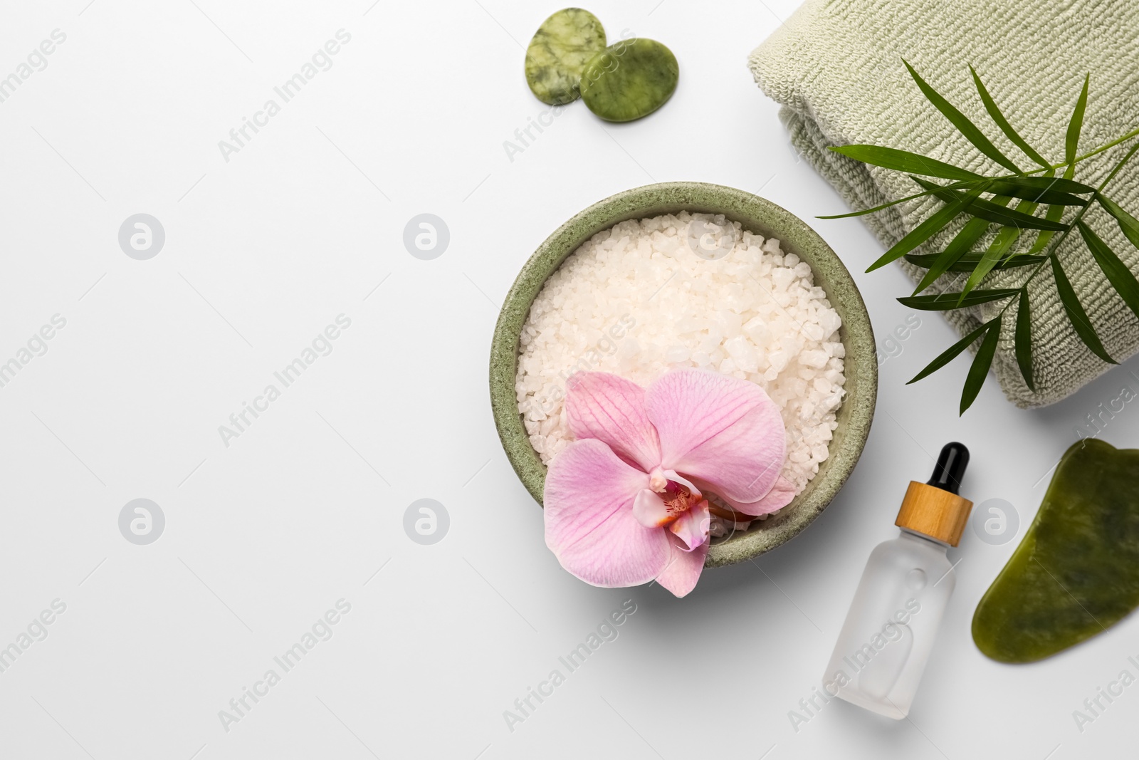 Photo of Flat lay composition with different spa products on white background. Space for text