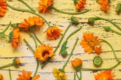 Flat lay composition with beautiful calendula flowers on yellow wooden table