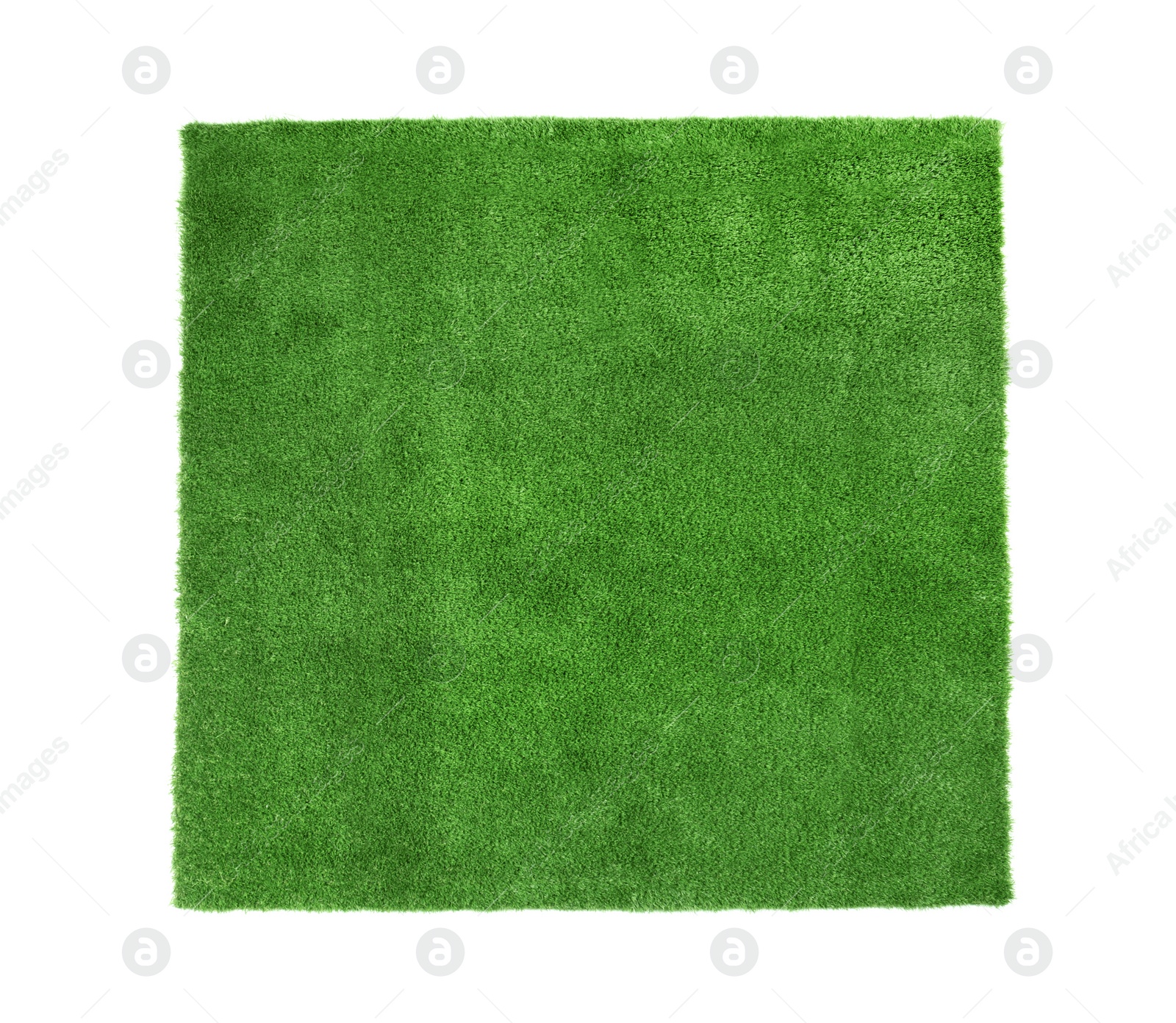 Photo of Artificial grass carpet on white background, top view. Exterior element