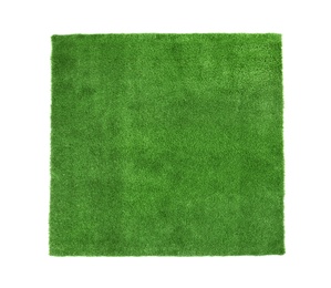Photo of Artificial grass carpet on white background, top view. Exterior element